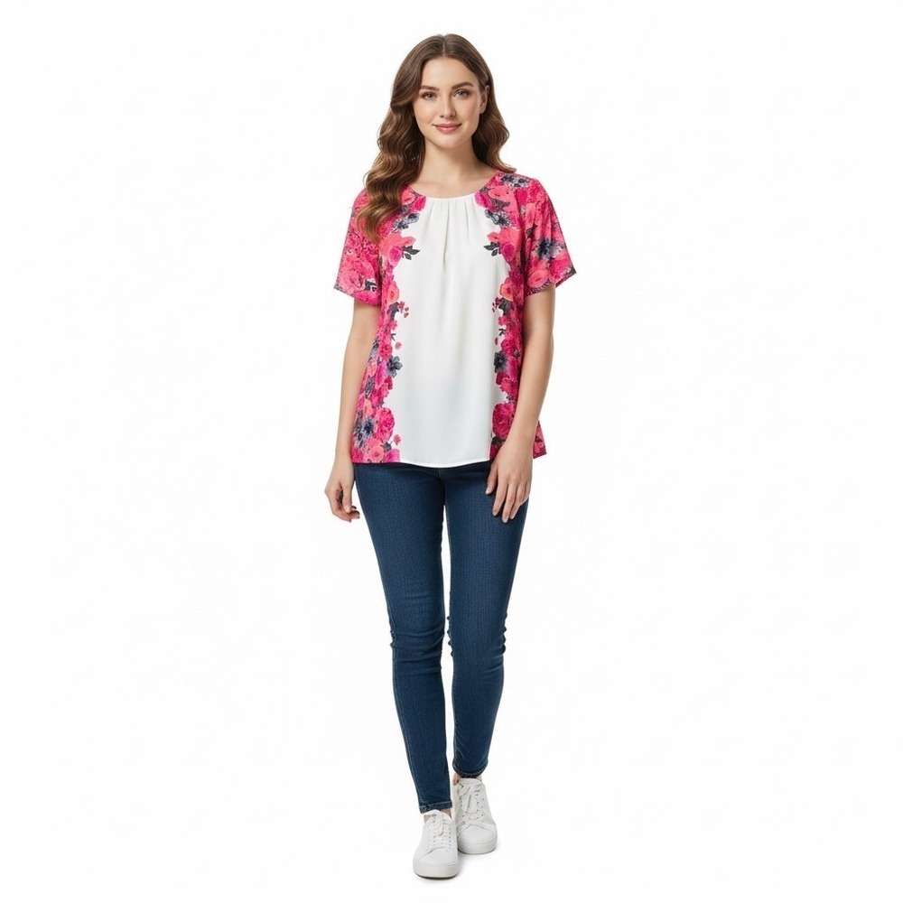 Talbots Womens Size 24W Pink Floral Print Top Short Sleeve Lightweight Office